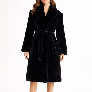 Zara Black Faux Fur Long Belted Coat